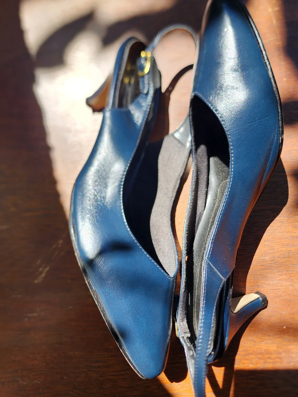Vintage Hush Puppies Black Leather Pointed Toe Slingback Kitten Heels USA [12W]